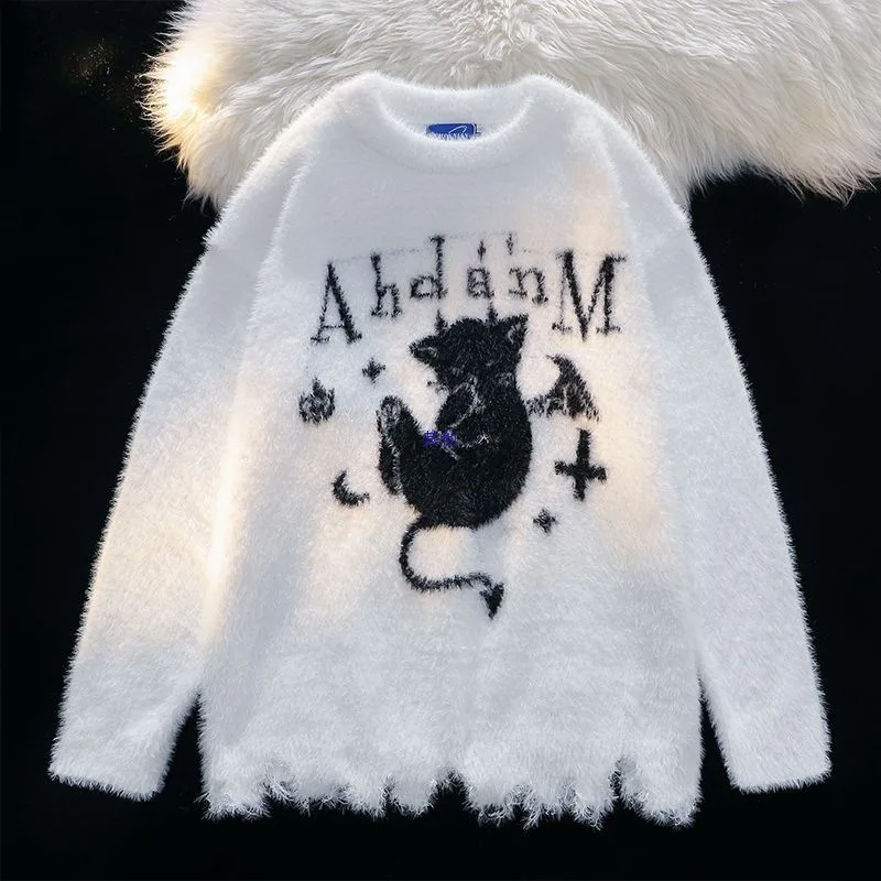 

Свитера, пуловеры для женщин, нежная осенне-зимняя мягкая уличная одежда с принтами кошачьего дьявола, красивая вязаная готическая молодежная одежда Y2K Punk