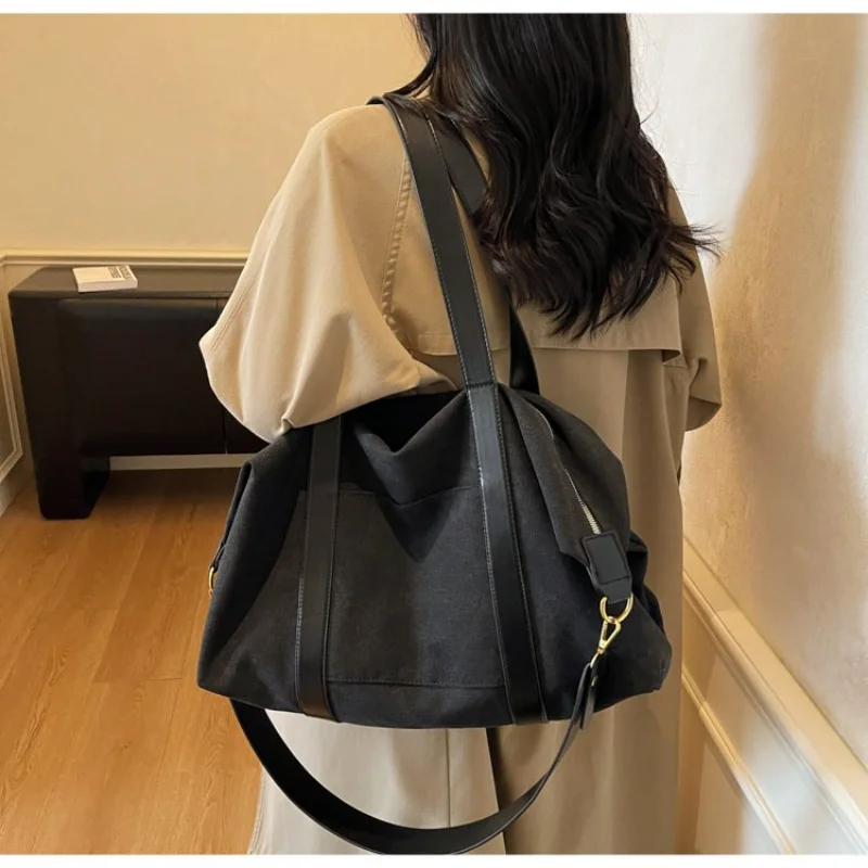 

Women's Canvas Tote Bag With Leather Trim Spacious For Daily Casual Office Streetwear Weekend Travel Errands & Daily Use