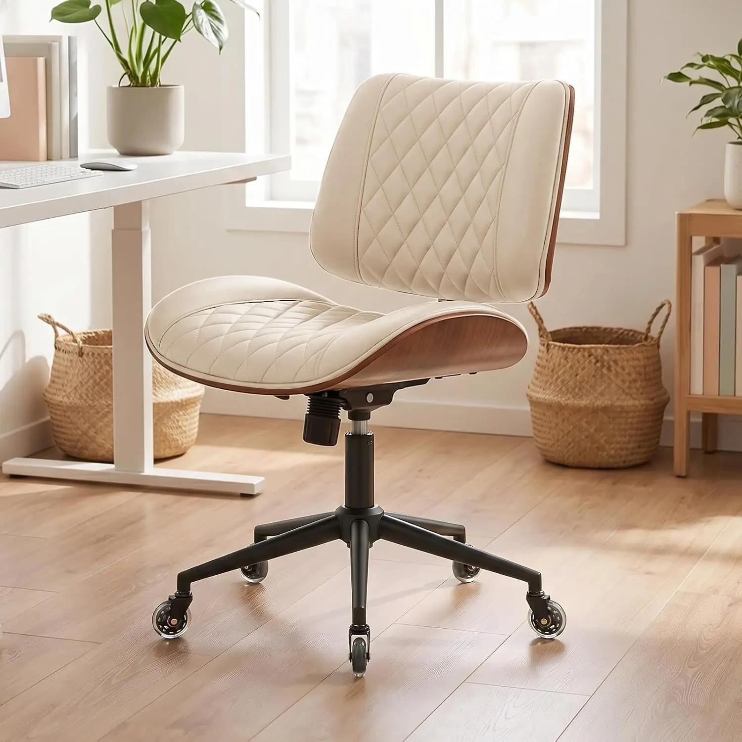 Armless Office Chair, Leather Walnut Desk Chair With Silent Wheels, Adjustable Height & Seat Rocking For Home Office, Customized