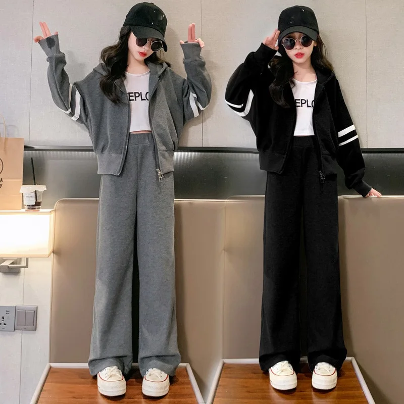 New Winter Autumn Teenager Girl Children Set Kids Clothes Crop Top Hooded + Black Straight Pants 4 6 7 8 9 10 11 12 14 Year