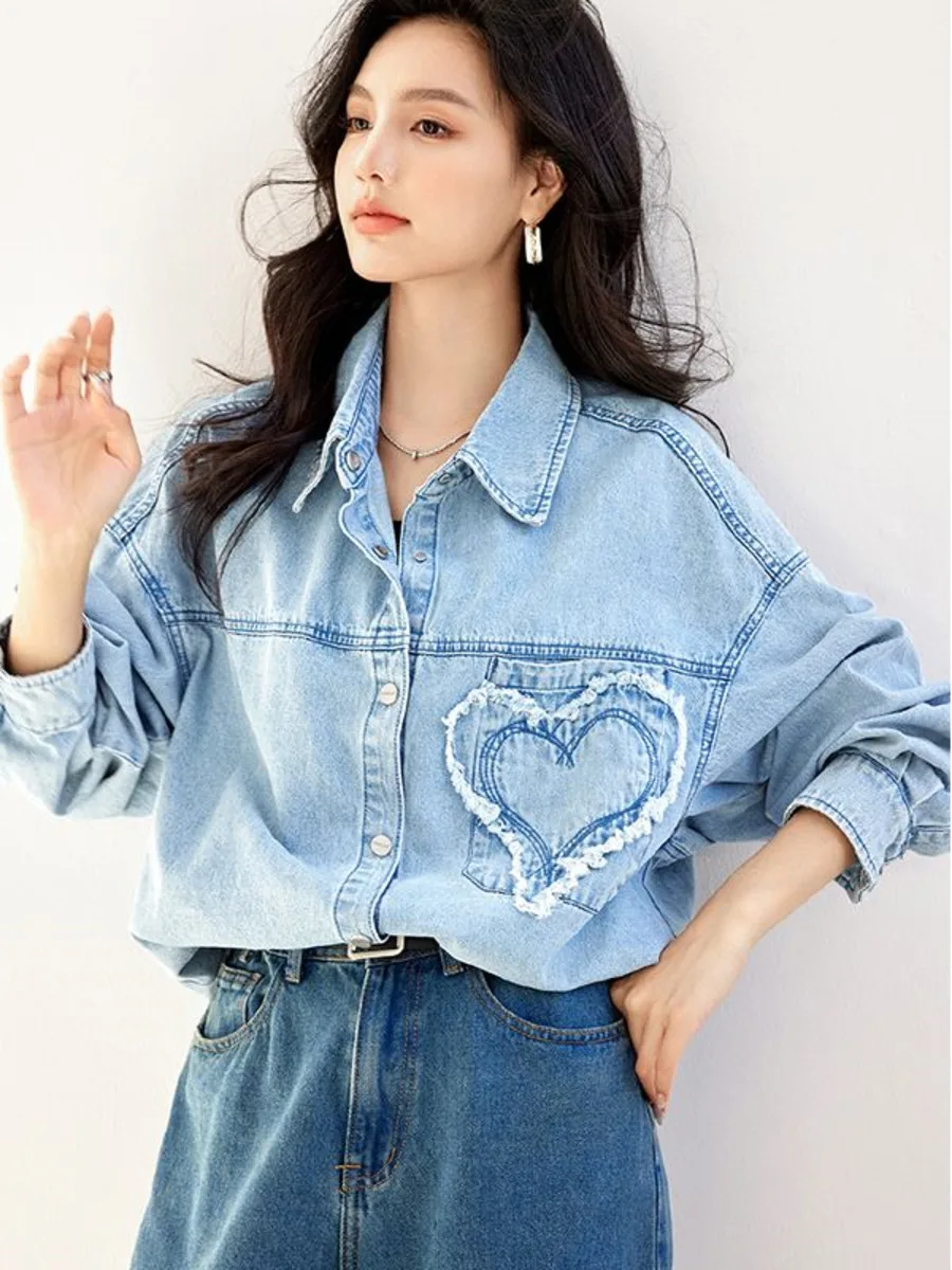 Chemises en denim patchwork en forme de cœur pour femmes, chemises à manches longues, haut vintage, simple, élégant, style décontracté