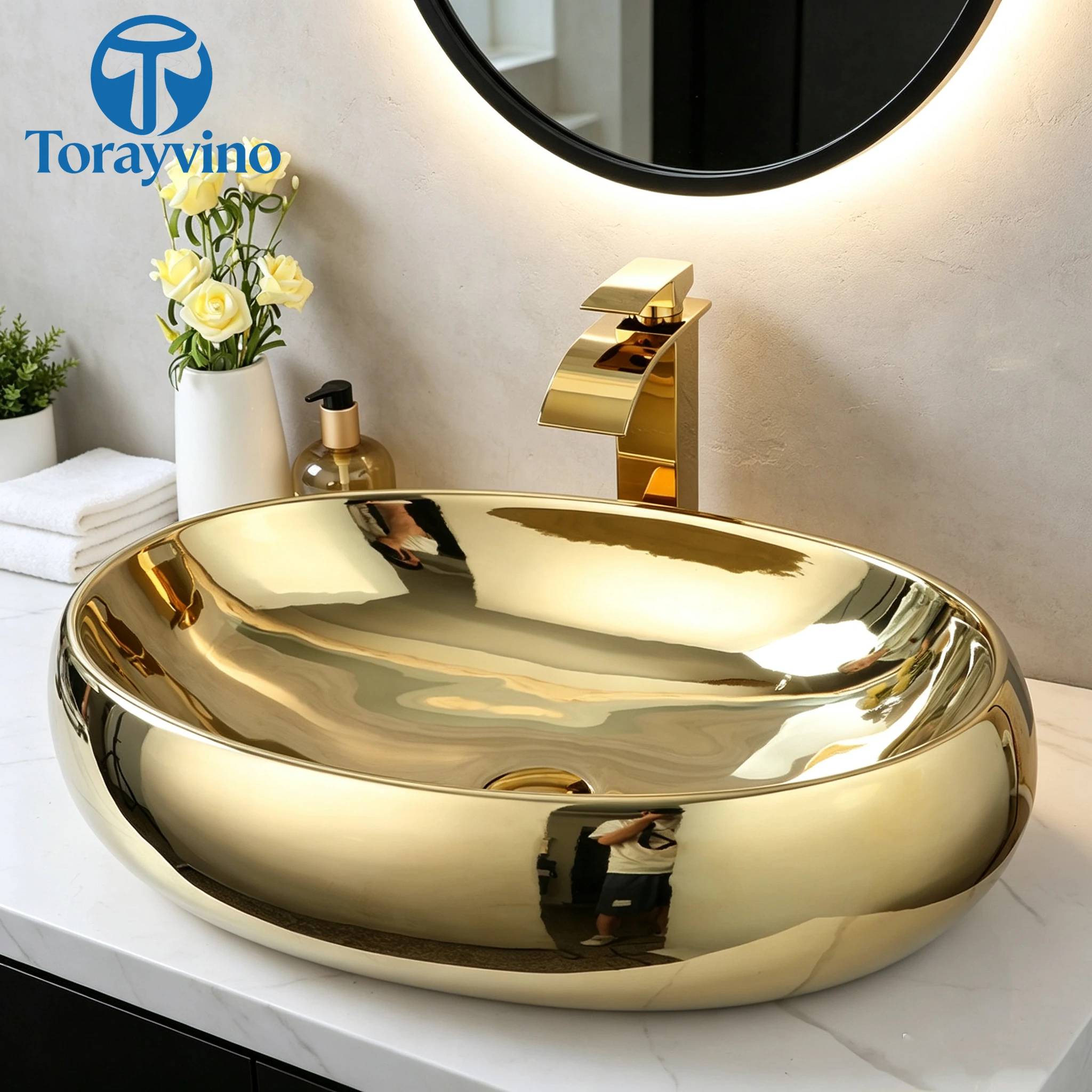 Torayvino Luxury Golden Ceramic Lavatory Vessel Sink Set Solid Brass Bathroom Tap Washbasin Basin Sink Set Bath Combine Mixer