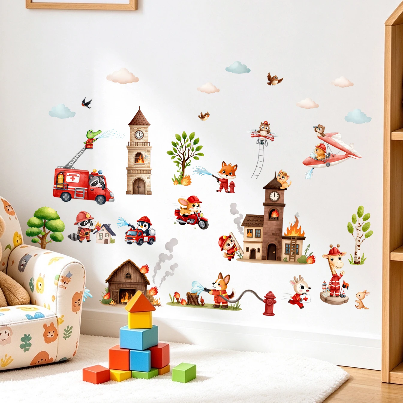 Cute Animal Firefighter Wall Stickers Fire Truck Fire Station Airplane Wall Decal Kids Boys Bedroom Nursery Self Adhesive Wall D