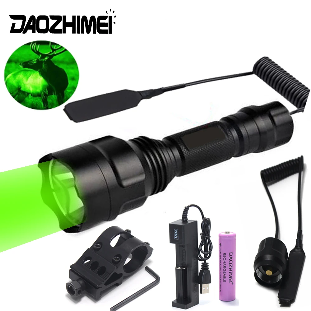 

Green LED Hunting Flashlight C8 Outdoors Tactical 1-Mode Torch USB Rechargeable Waterproof Light Lantern Power by 18650 Battery