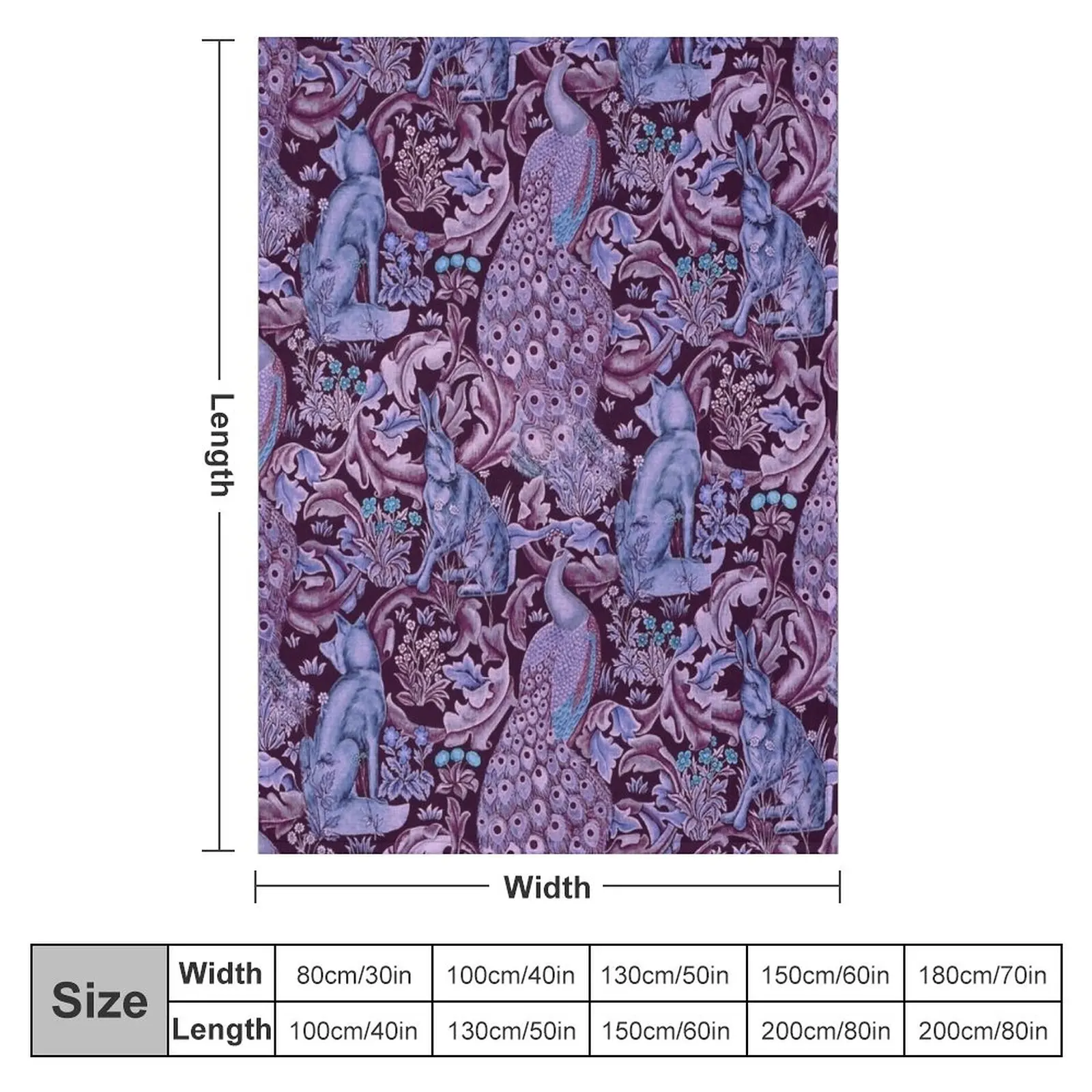 FOREST ANIMALS ,PEACOCKS, FOX AND HARE IN BLUE PURPLE LEAVES FLORAL PATTERN Throw Blanket Travel Soft Blankets