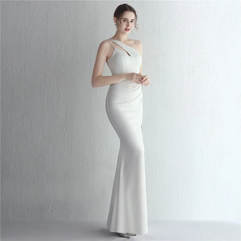 New Formal Satin One Shoulder Evening Dress DongCMY Elegant Plus Size Vestidos Prom Robes Soirees White Color Fashion Maxi Gown