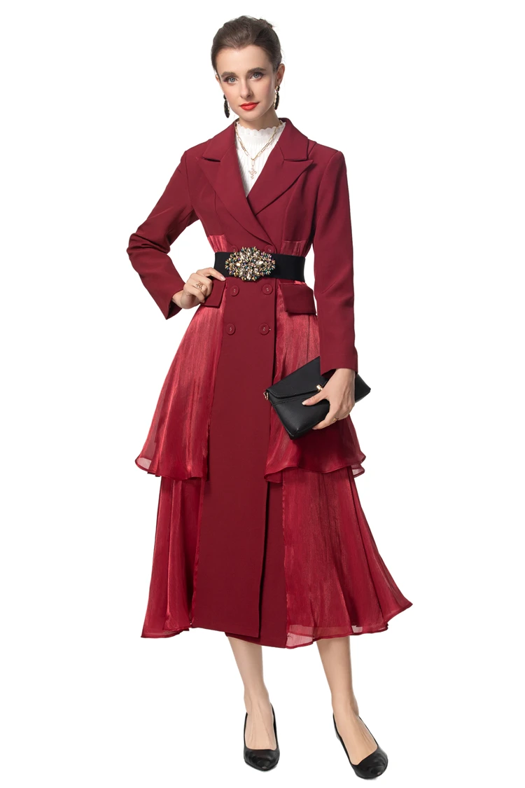 Women's Trench Coat Notched Collar Long Sleeves Ruffles Layered Elegant Fashion Dress Outerwear