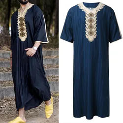 Summer Men Musli Clothing Moroccan Robe Stripes Hand Embroidered Jubba Thobe Kaftans Loose Muslim Islamic Abaya Robe