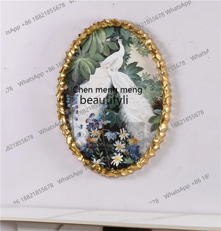 

X Light Luxury Creative Simple Oval Two White Peacocks Flower and Plant Painting Blue Pure Green Handmade Corridor Painting