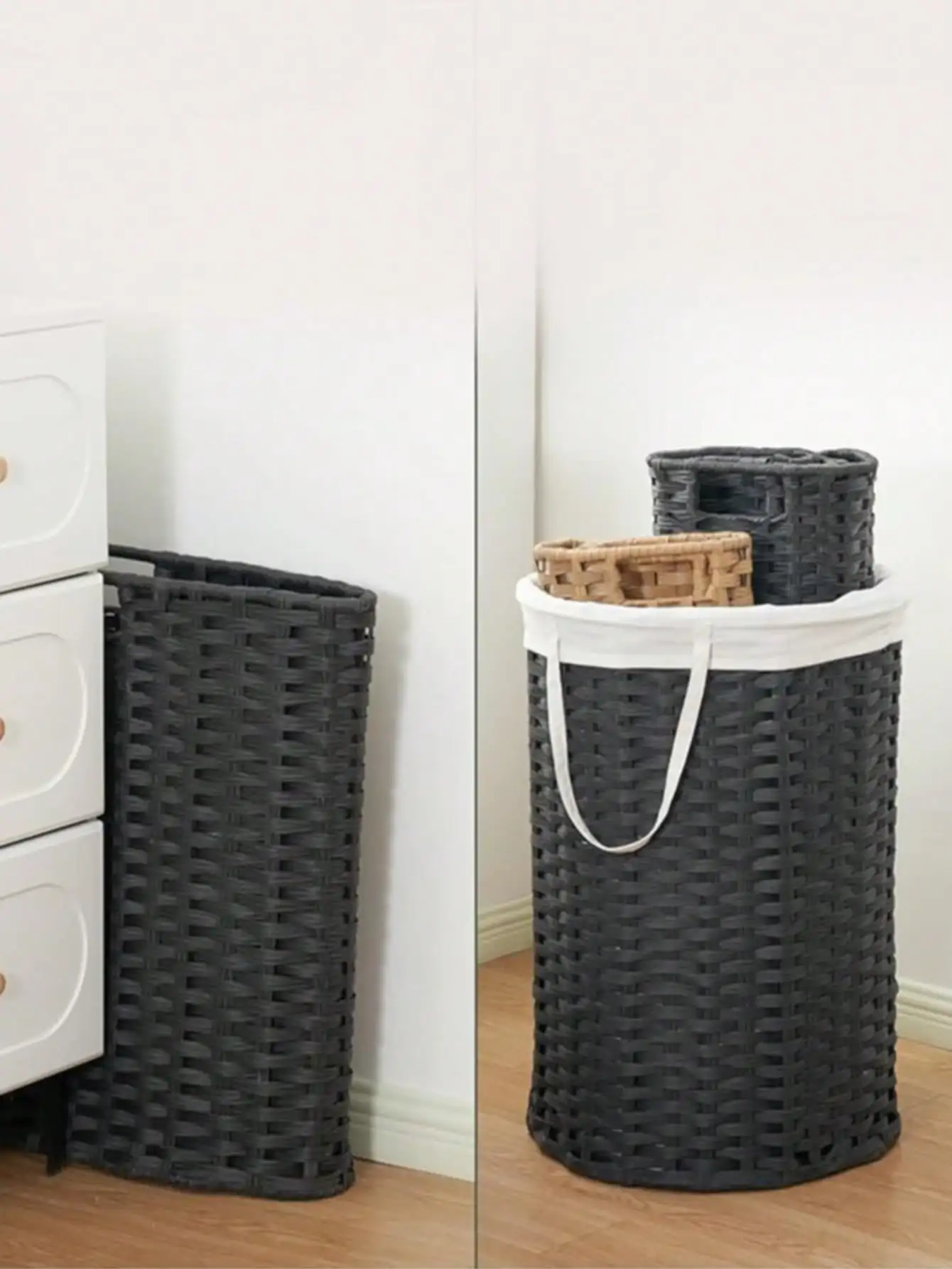 Laundry Basket, Hand-Woven Rattan Laundry Basket, No Installation Required, 26.5 Gallon (100 Liters) Round Laundry Basket, With Removable Bag And Handle, Bedroom Foldable Storage Basket