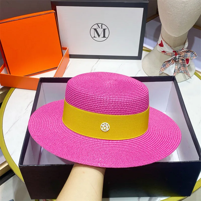 Orange Straw Hat 2023 Colorful Elastic Ribbon Accessories Women\'s Summer Flat Top Straw Hat Sun hat шляпа