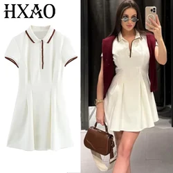 HXAO Woman 2025 Dress Polo Shirt Short Dresses Pleated Summer White Dresses Women Fitted Short Sleeve Casual Women's Dresses