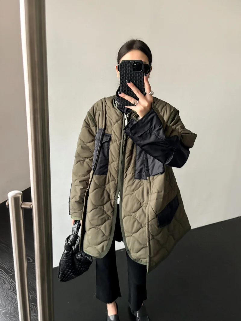 Small niche design women's cotton jacket loose casual irregular splicing pocket fake two-piece cotton jacket medium long style