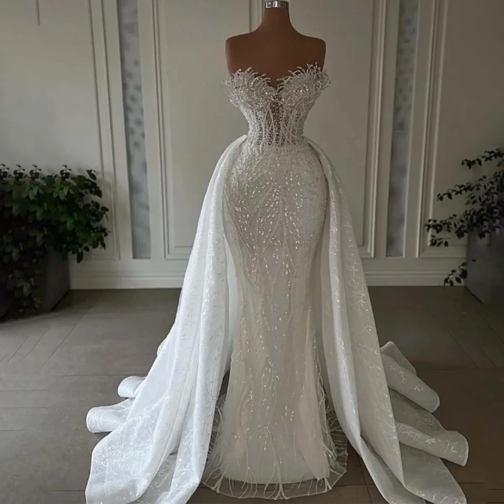 Luxury Mermaid Wedding Dresses For Women Strapless Sequins Lace Bridal Gown Sleeveless Detachable Train Dress Custom Made