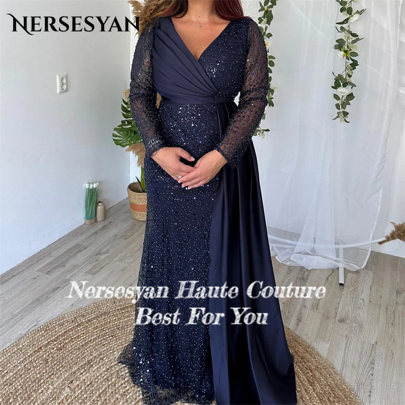 Nersesyan Fashion Navy Blue Satin Formal Evening Gowns Shiny Sequins Long Sleeves V-Neck Party Dresses A Line 2023 Prom Dress