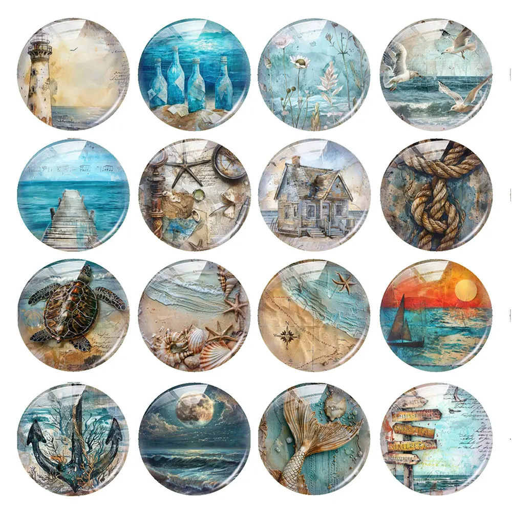 Random Mixed Round/Oval/Square Vintage Ocean Nautical Coastal Photo Glass Cabochon Flatback Demo Cameo For Diy Jewelry Making