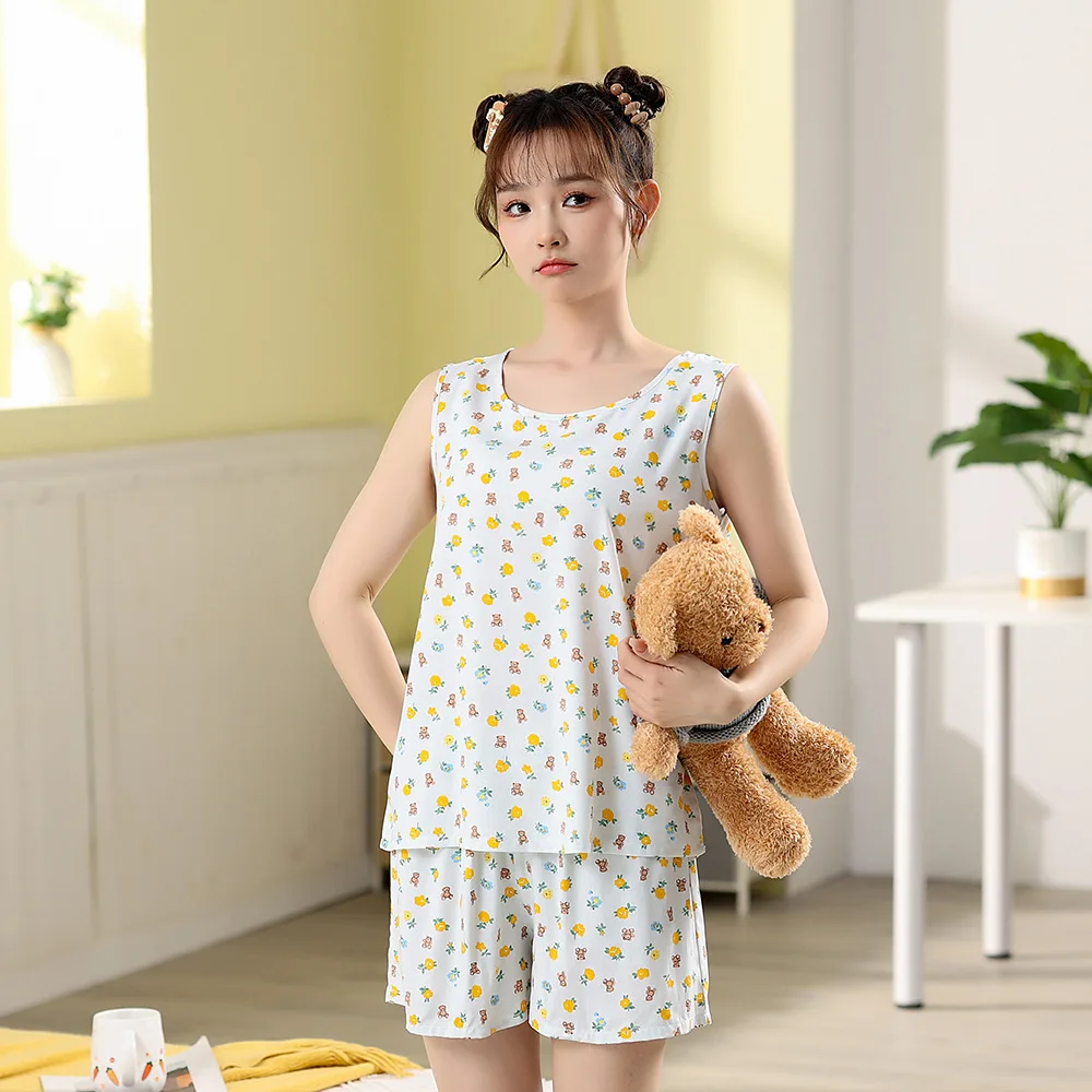 New 100% Soft Viscose Sleeveless Shorts Ladies Pajamas Set Cute Print Pajamas Pullover Casual Short Pajamas Women Sleepwear