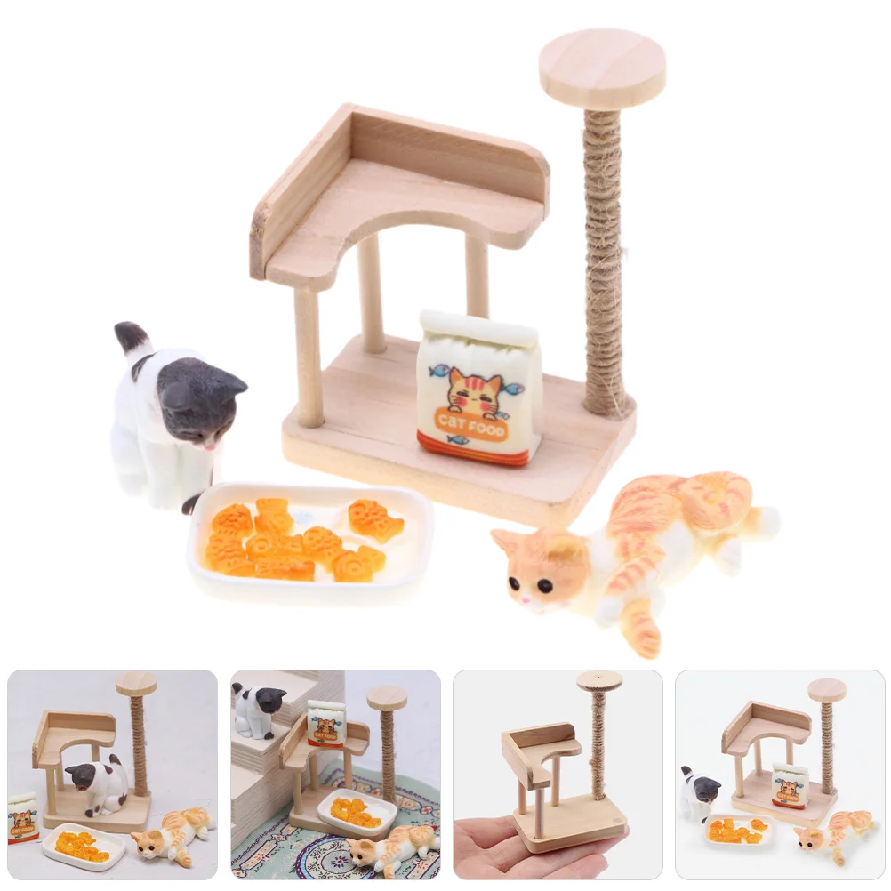 Cat Climbing Frame Miniature Figurine Model Tree Adornment Toy Wooden And Tower