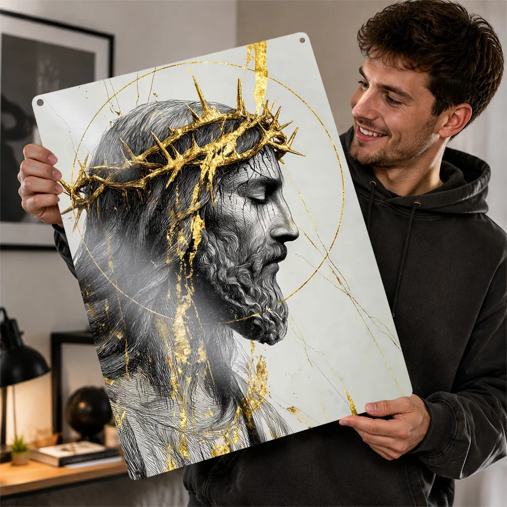 Jesus Christ With Golden Crown Printed Poster Abstract Wall Art For Home Office Customized Aluminum Metal Sign Christian Gift