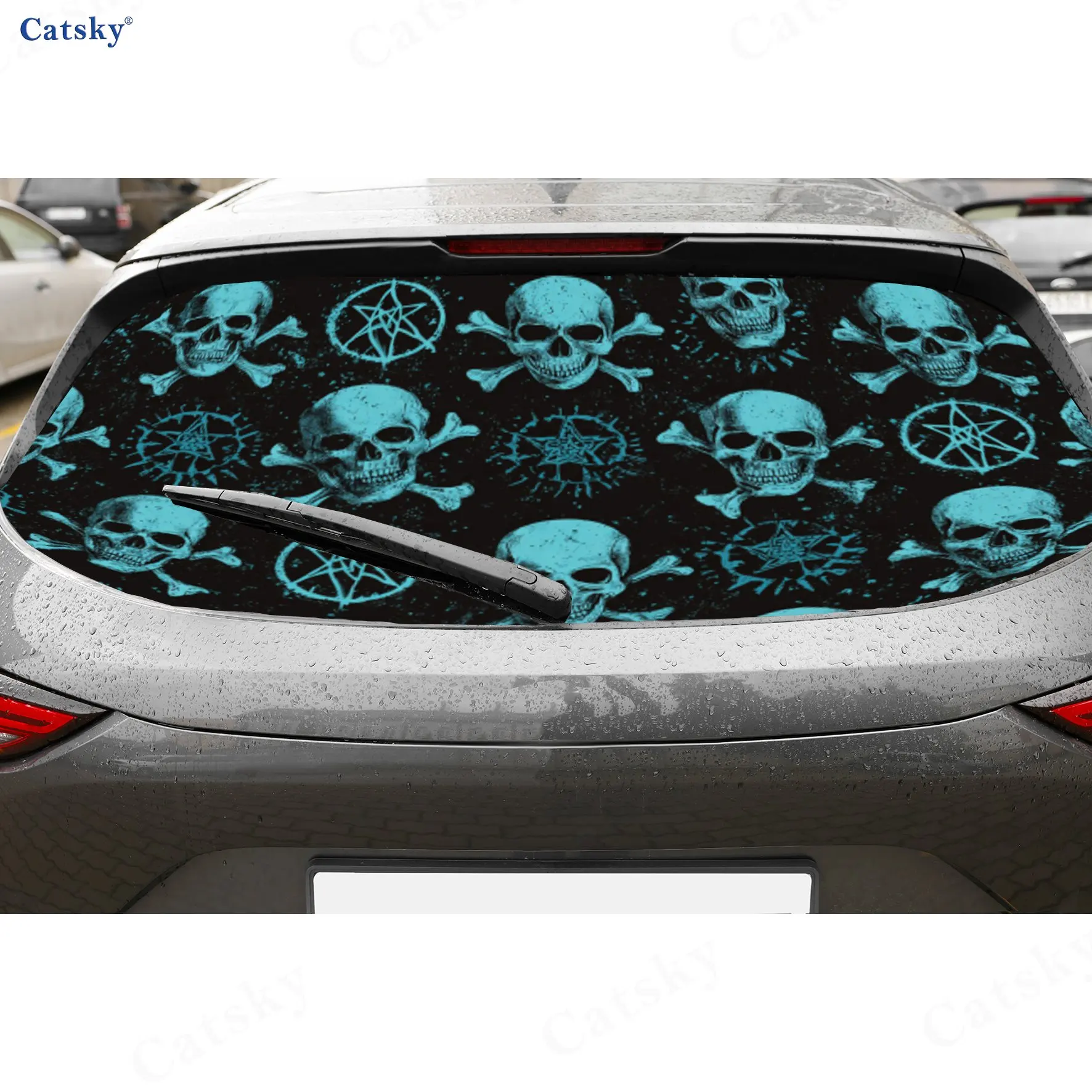

Vintage Teal Skull PVC Perforated Car Vinyl Wraps, Durable Car Rear Windshield Sticker, Waterproof Car Rear Window Decal