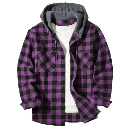 Camisas de hombre clásicas a cuadros informales con botones y capucha de manga larga con bolsillos dobles camisa con capucha chaqueta de franela primavera otoño Tops