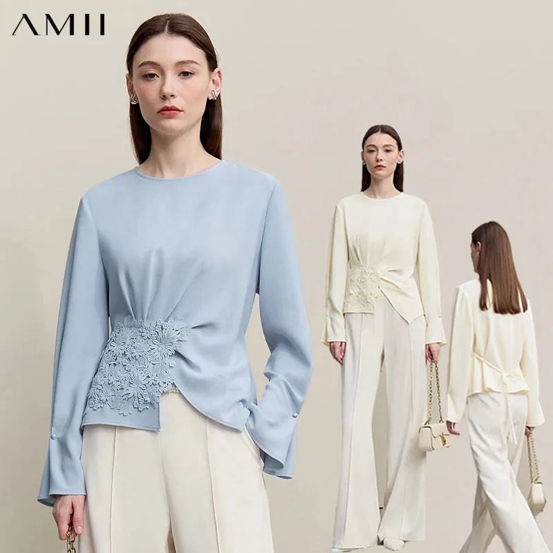 Amii Women's Blouse 2026 Autumn Long Sleeve Elegant Commuter Shirts Crew Neck Lace Chiffon Loose Tops Women's Clothing 12681001