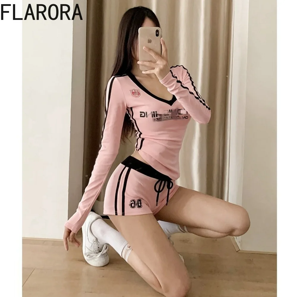 FLARORA Vintage Patchwork Letter Printing Two Piece Sets Woman V Neck Long Sleeve Slim Fit Tops And Drawstring Shorts Tracksuits