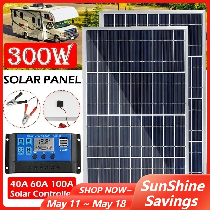 

18V Solar Panel Kit Complete 300/600W Polycrystalline USB Power Portable Outdoor Rechargeable Solar Cell Generator for Camping
