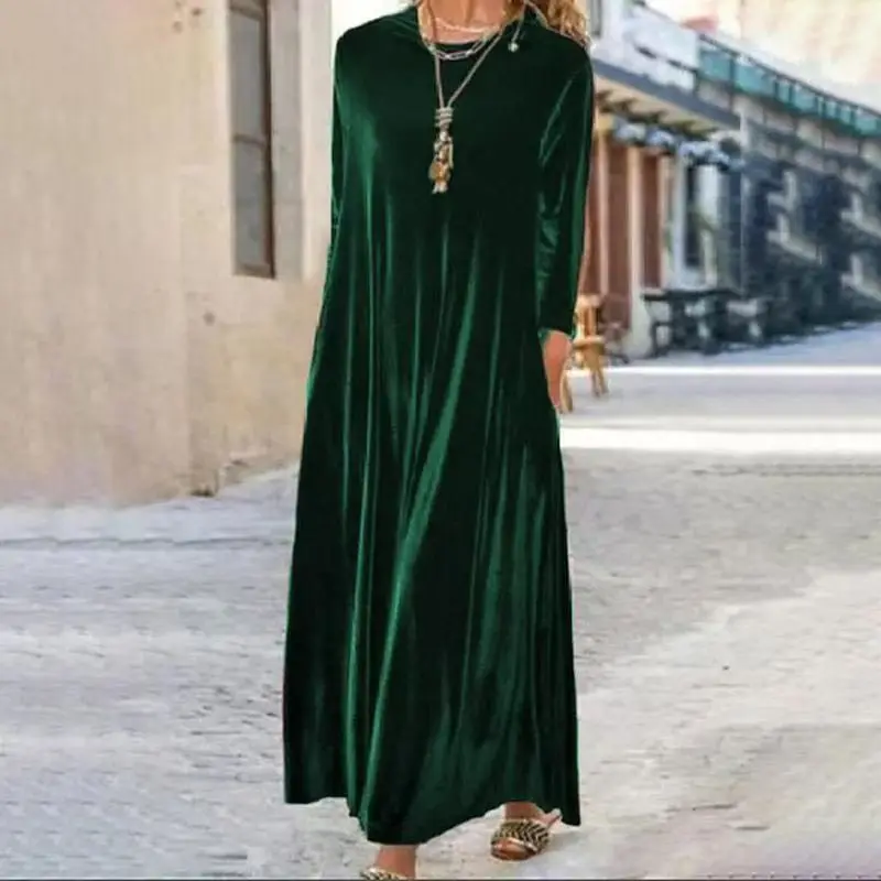 Abito lungo da donna elegante e modesto in velluto a maniche lunghe, abiti fluidi in velluto a strati con altalena per la sera delle feste