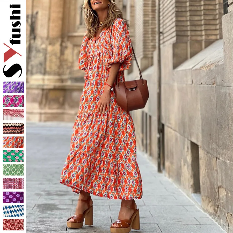 

2025 Large Size Women's Loose Bohemian Crew Neck Lantern Sleeve Sweet Girl Dress European and American
