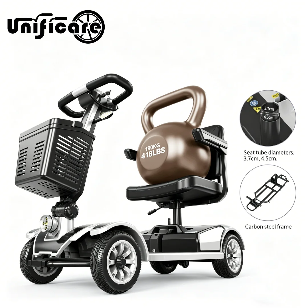 

Электрический скутер UNIFICARE Silver для пожилых людей, 20 Ач, большой запас хода, высокая нагрузочная способность, регулируемое сиденье, безопасный для различных типов местности