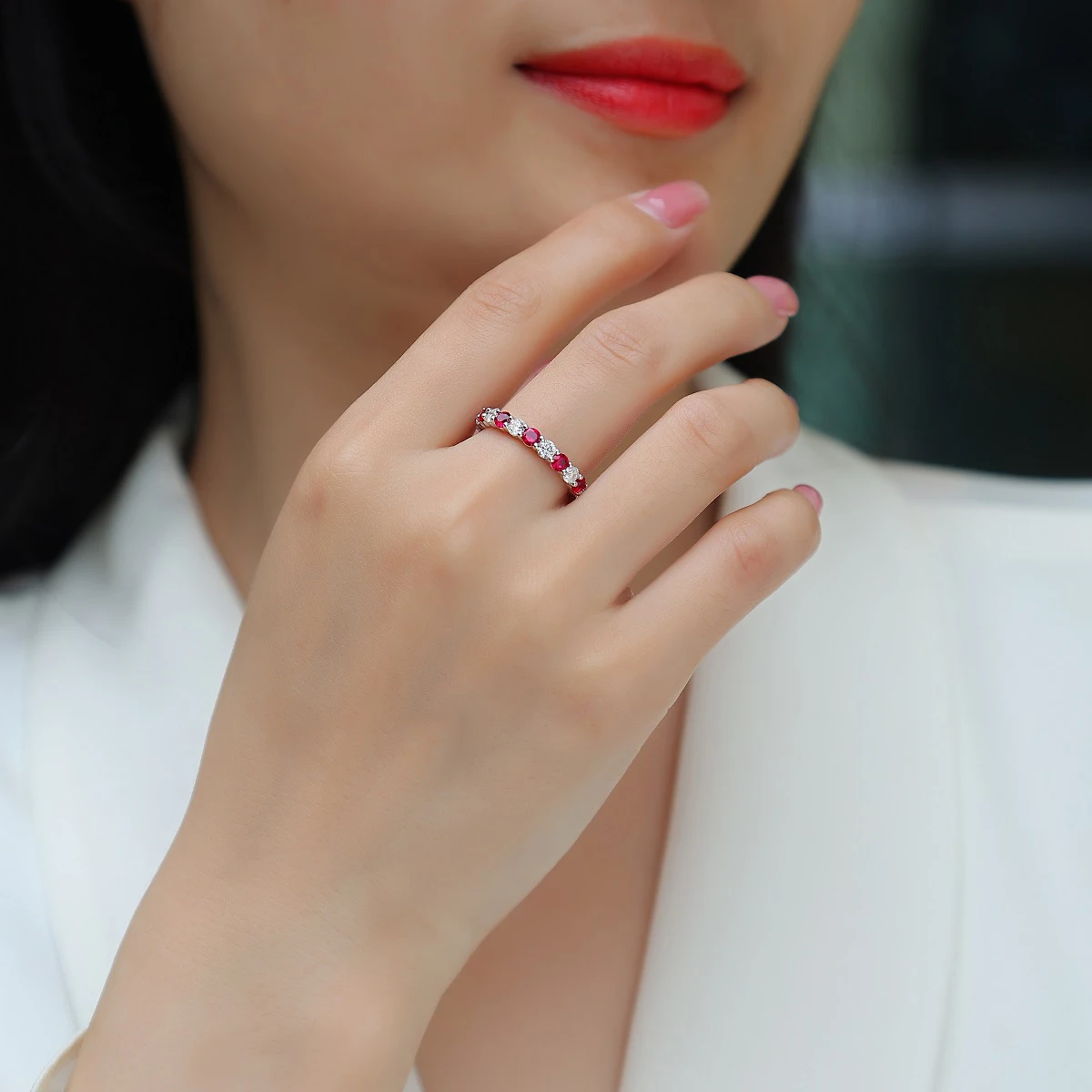 Elegant S925 Silver Ring with Alternating Moissanite & Rubies, 18K Gold Plated, Luxury Design, Includes GRA Certificate, Perfect
