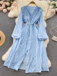 Spring Autumn Women's Vintage Long Sleeve Dress Solid Color flower French Lace Up Waist Single Breasted Long Dress GD816