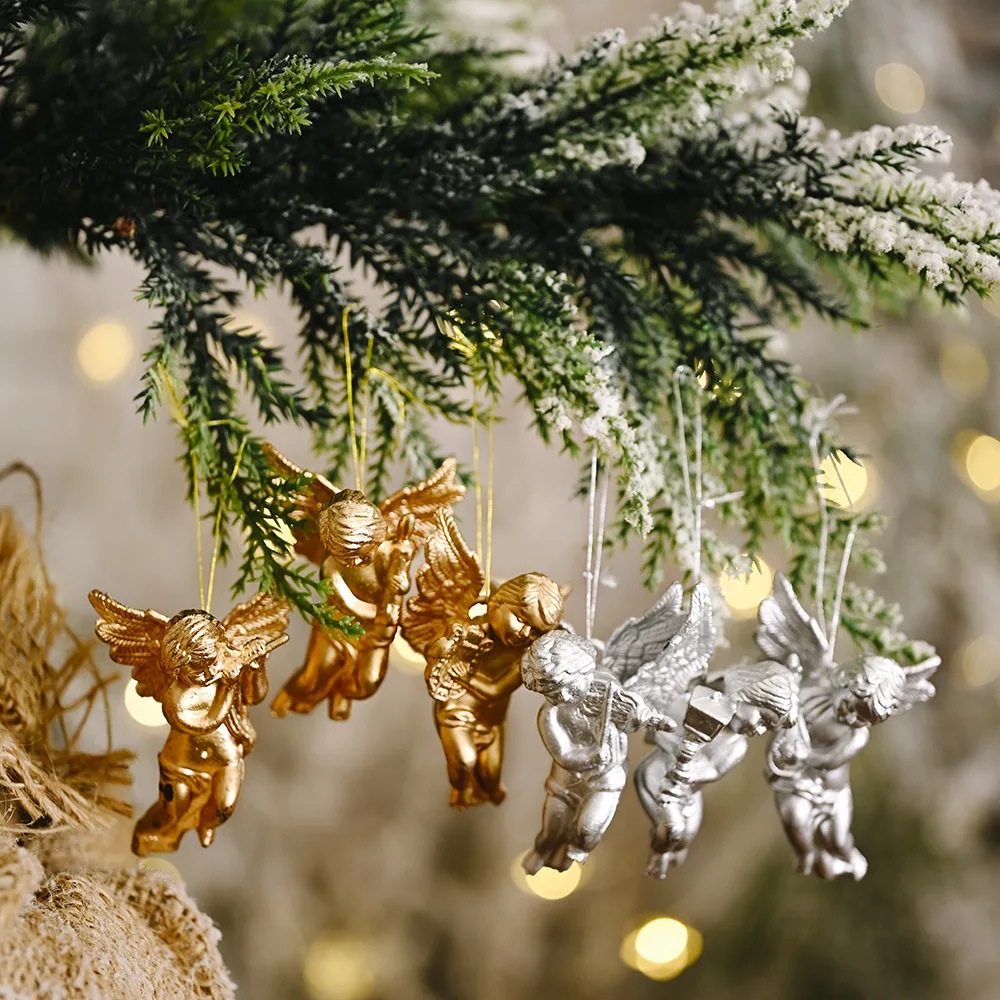 6Pcs/set Christmas Decoration Gold and Silver Angel Pendant Cherub Dolls Hanging Ornaments for Christmas Trees Navidad