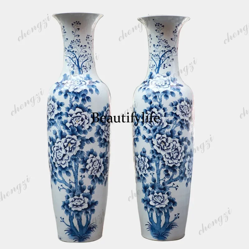 a55 Jingdezhen ceramics, blue and white pastel peonies, antique floor vase, hotel, living room home decoration