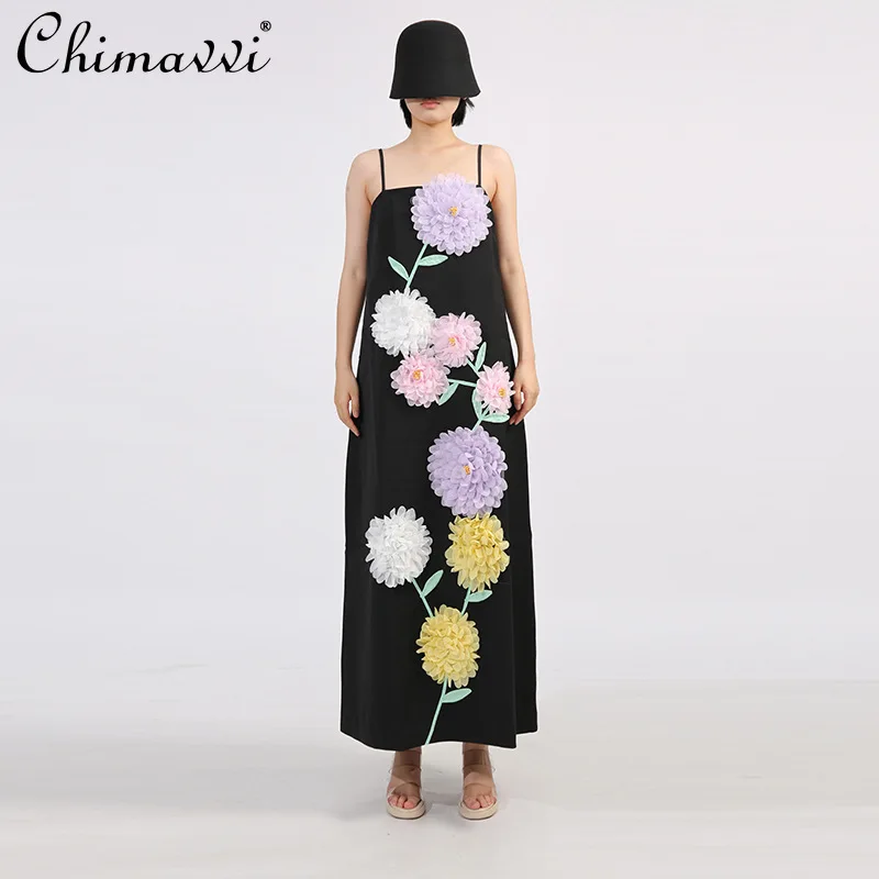 

French Elegant temperament Socialite Party Dresses 3D Mesh Floral Sleeveless Straight Slim Fashion Sling Long Dress Women Summer