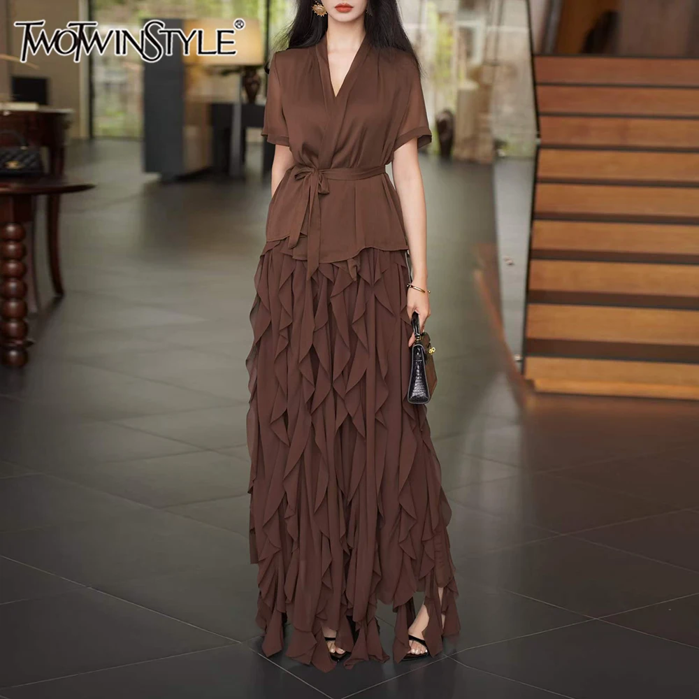 

TWOTWINSTYLE Solid Slimming Two Piece Sets for Women V Neck Short Sleeves Top Patchwork Ruffles Irregular Skirt Set Female New