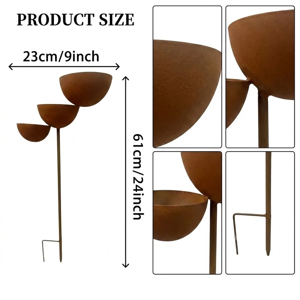 Outdoor 3-Tier Rain Catcher Stake Antique Bronze Finish Iron Construction For Garden Bath And Pollinator Support