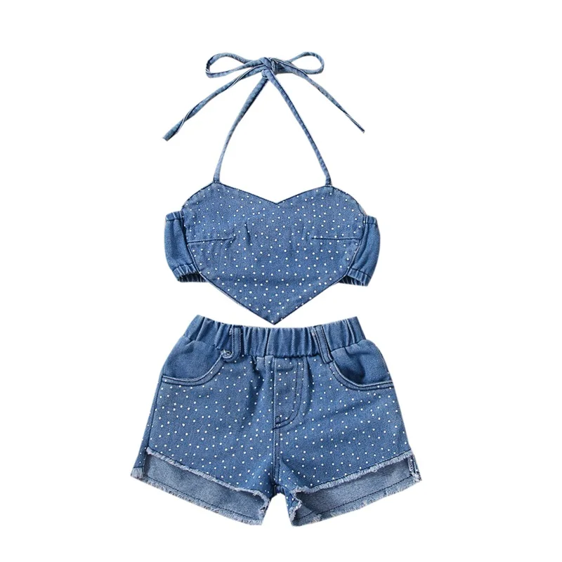 

2PCS Baby Girl Denim Clothes Tie-Up Neck Heart Shape Dotted Crop Tops Ripped Short Jeans Sets