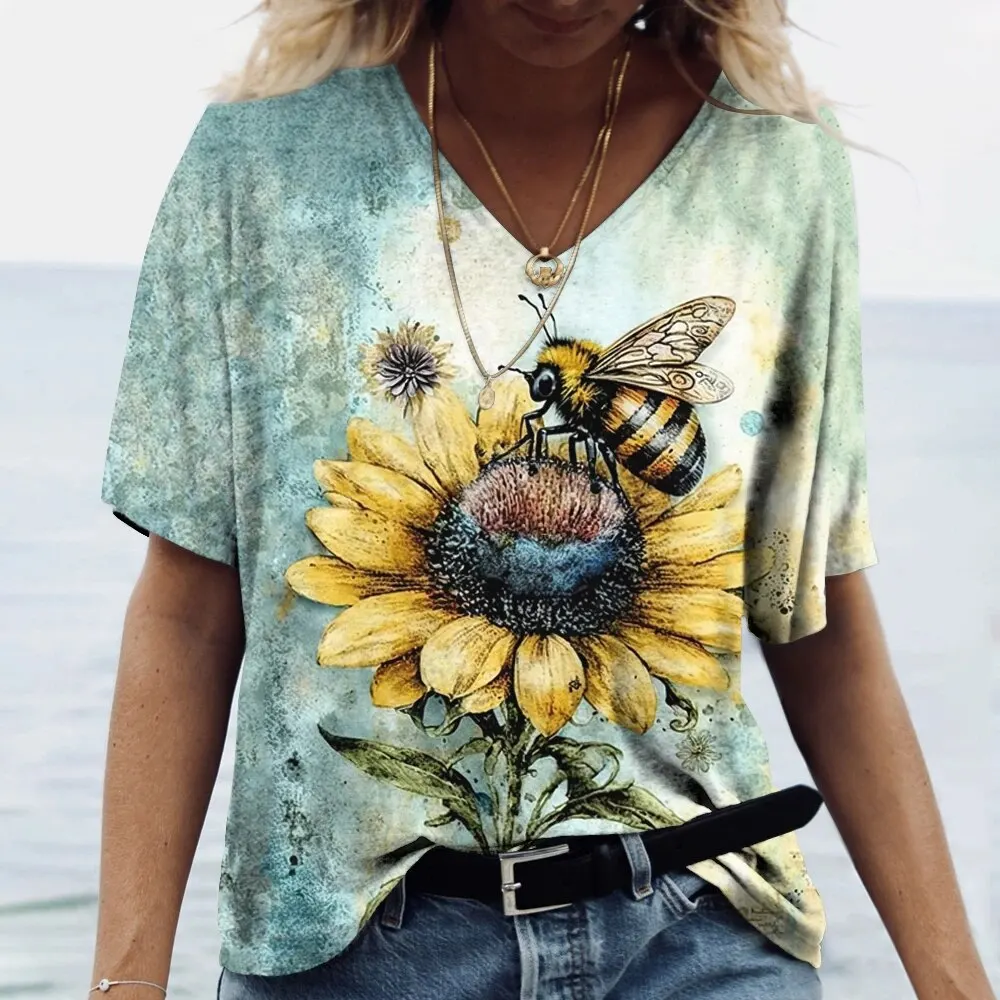 Summer Honey Bee 3D Print T-Shirts Women V-Neck Short Sleeve Sunflower T Shirt Y2K Tees Oversized Harajuku Tops Female Clothing