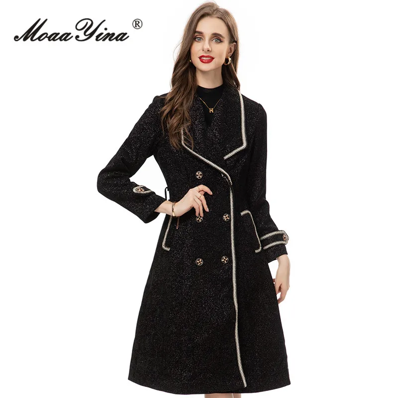 

MoaaYina Winter Fashion Runway Black Vintage Blends Coat Women Lapel Button Pockets Sashes Gathered Waist Slim Long Blends Coat