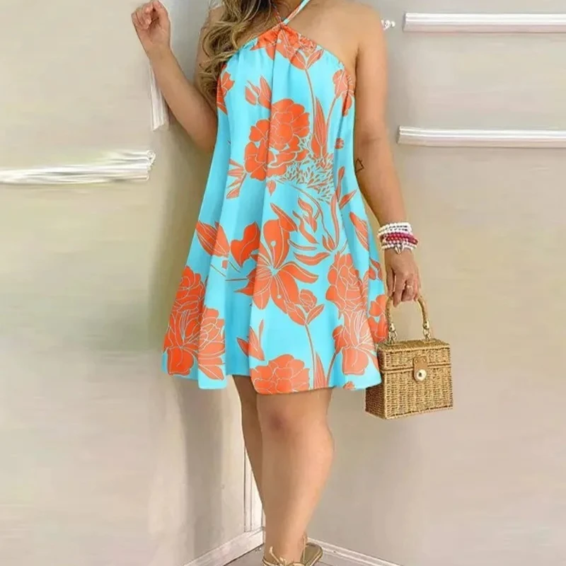 Novo vestido com estampa tropical, gola halter, estilo férias, vestido sem costas para primavera e verão, roupas femininas, ombro de fora, gravata