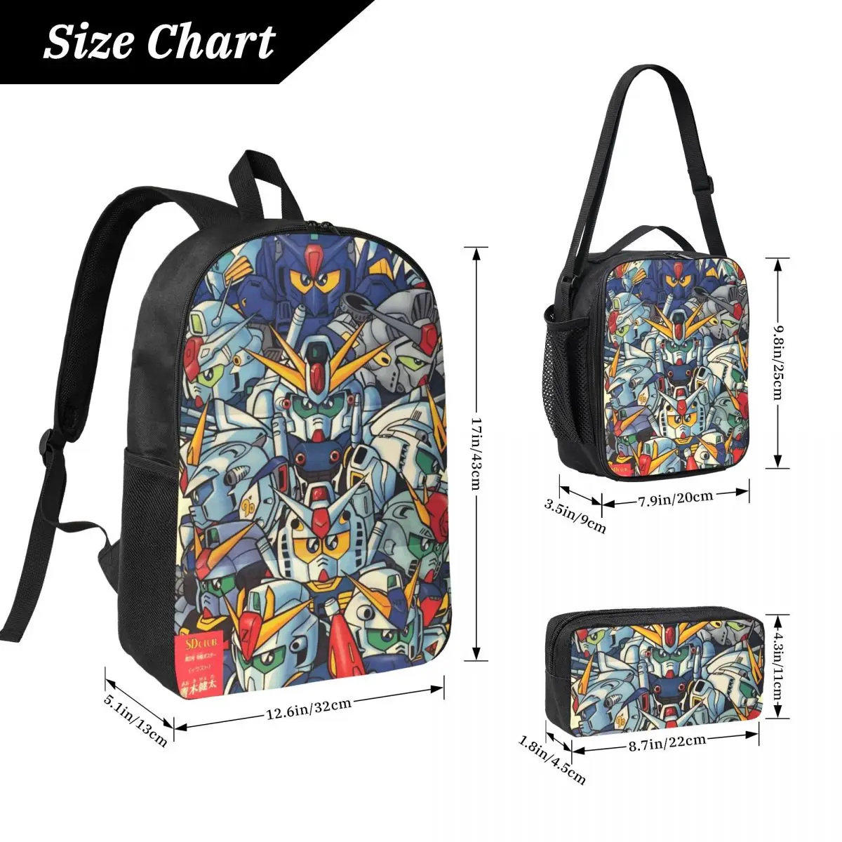 3Pcs Mobile Suit Gundams Backpack Set for Girls Boys Pencil Boxes Bookbag Sets with Lunch Box For  School Students Daypack