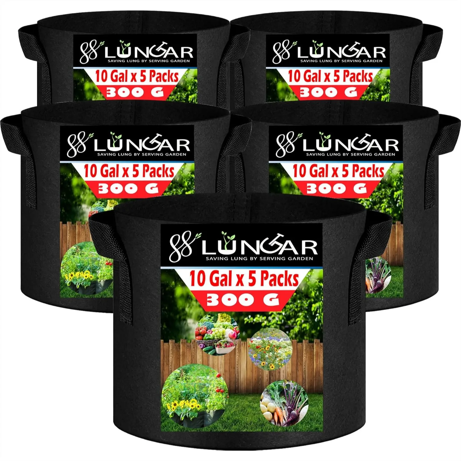 

10 Gallon Plant Grow Bags 5 Pack with Thickest 300G Non-Woven Fabric and Reinforced Handles for Weatherproof Nursery Pots