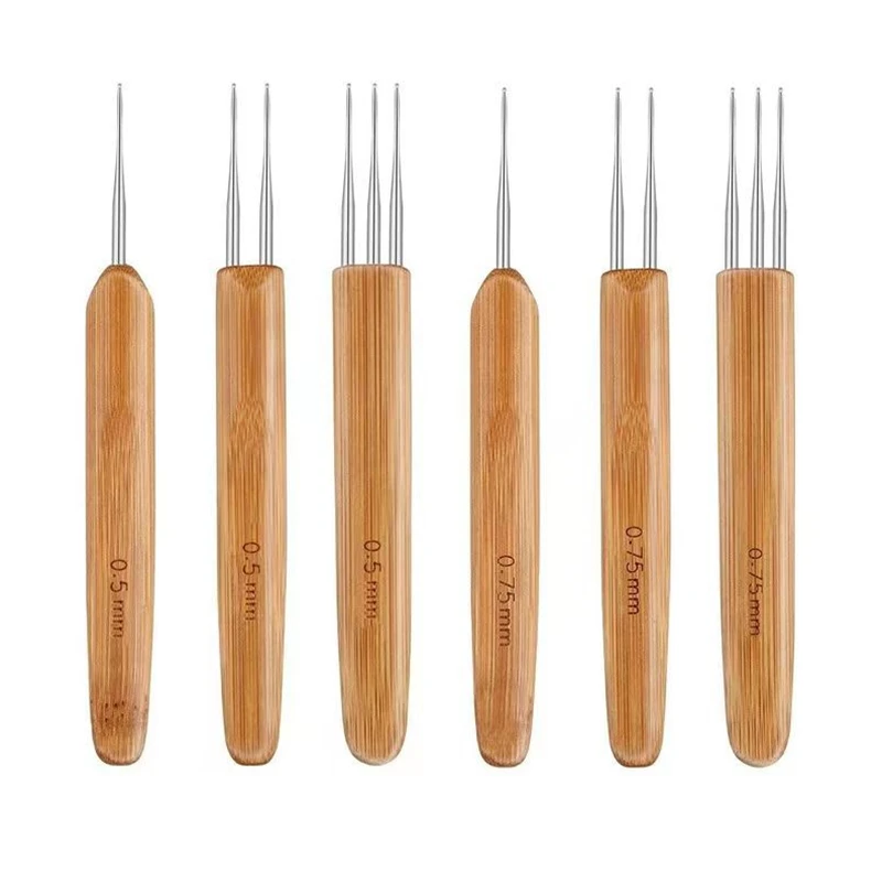 

6 pieces 0.5/0.75MM needle crochet hooks set Bamboo handle hair braiding tools dreadlocks hair crocheting needles set