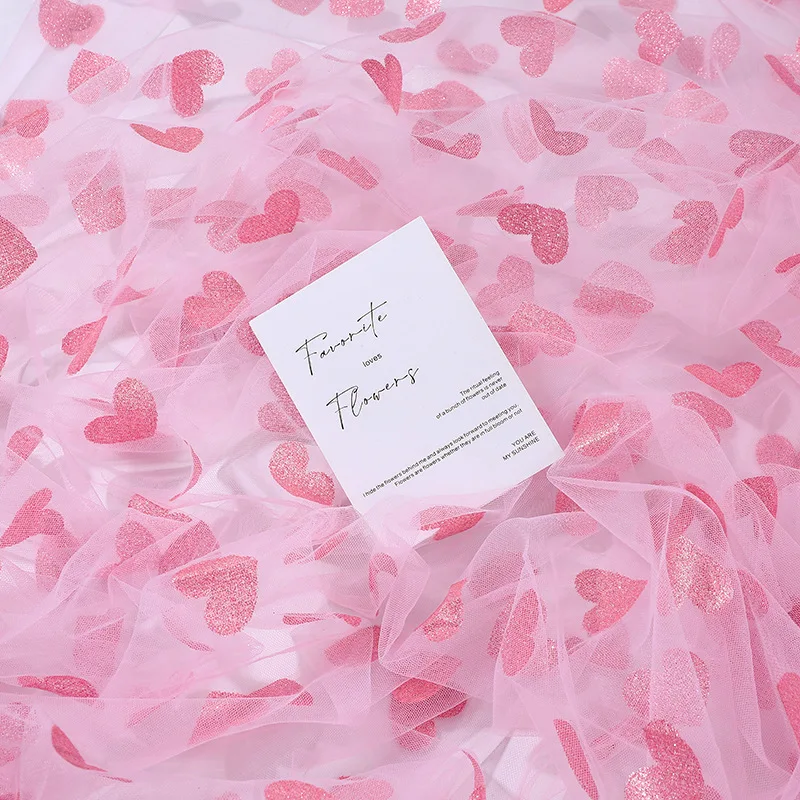 100cm Pink Red Glittering Heart Printed Voile Net Fabric See Through Drape Fabric Tulle Mesh Craft Material For Curtains
