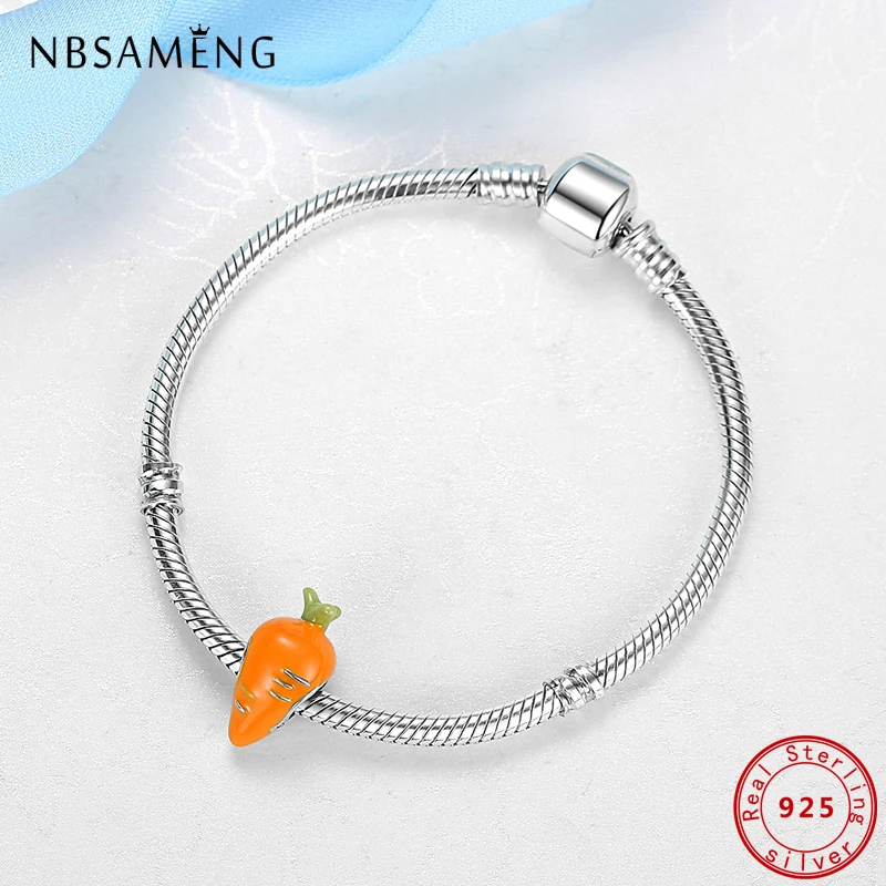 100% Bạc 925 Hạt Charm Cà Rốt Quyến Rũ Phù Hợp Với Pandora Ban Đầu Vòng Tay Dây Chuyền Nữ Tự Làm Trang Sức