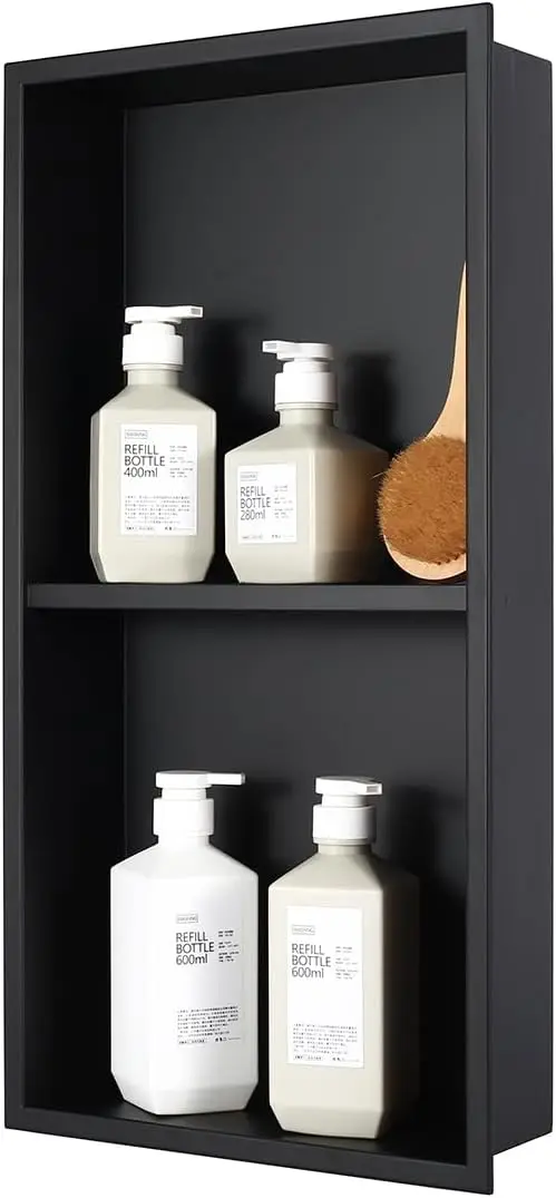 

Recessed Shower Niche with Double Shelves, Matte Black Stainless Steel Wall Insert, No Tile Needed, Leakproof Built-in Storage