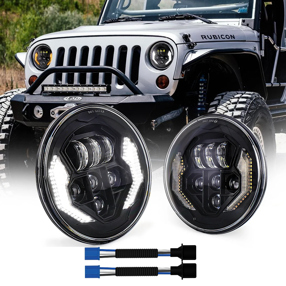 

POVTOR 2PCS 7 Inch Led Headlight with White DRL Amber Turn Signal Hi/Lo Beam Round Headlights for Jeep Wrangler JK JKU TJ CJ LJ