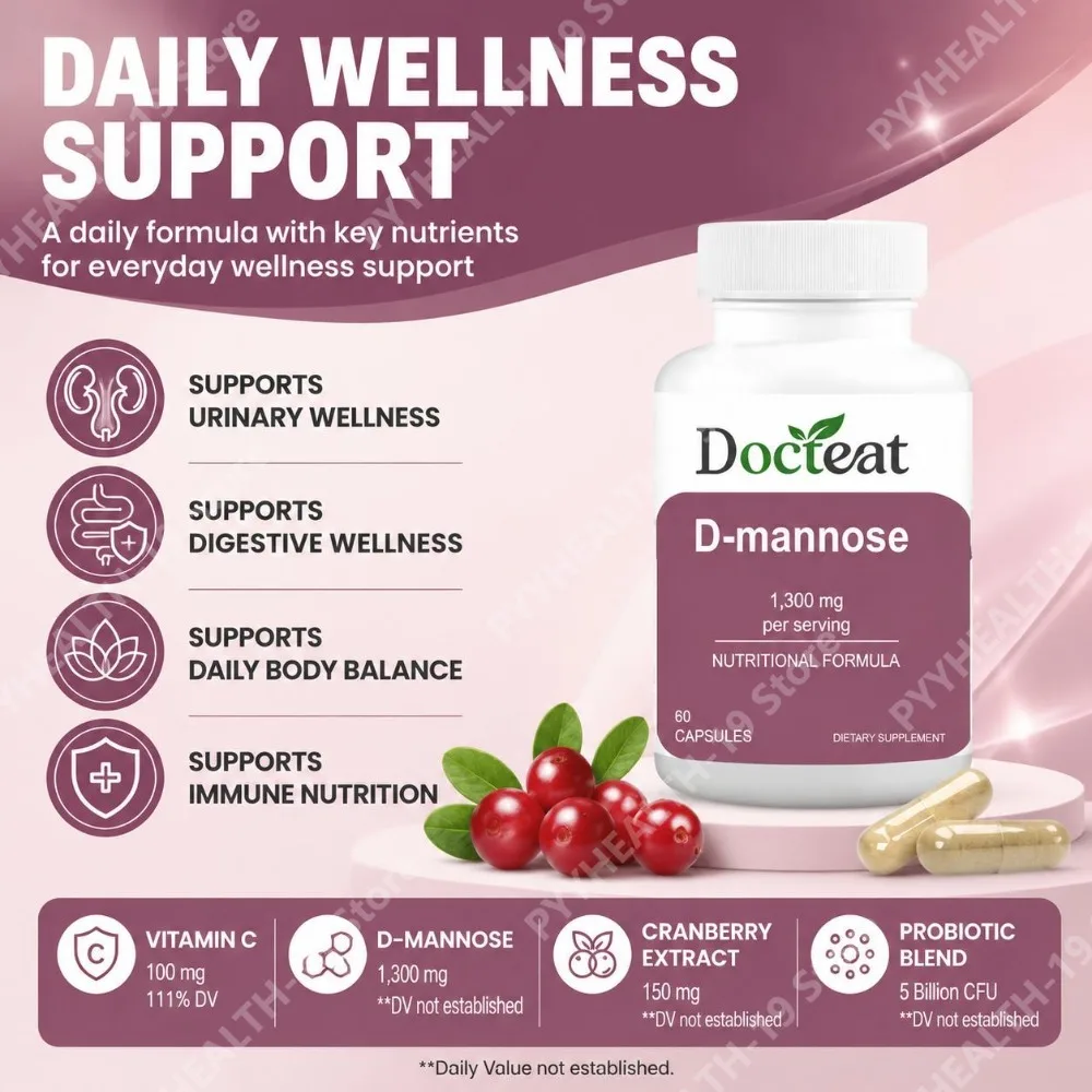Docteat D-Mannose Capsules with Cranberry Extract & Probiotics for Urinary Wellness & Digestive Support, Adults, 60 Capsules